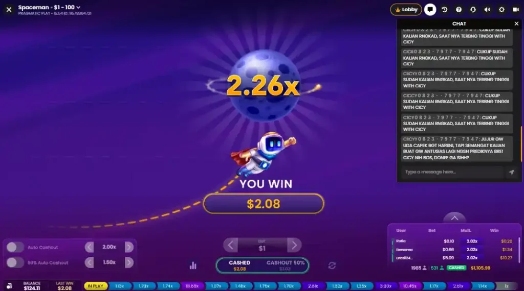 Spaceman crash game round ending at 2.26x multiplier