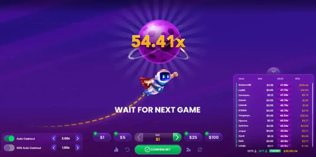 Spaceman astronaut flying as multiplier climbs to 54.41x