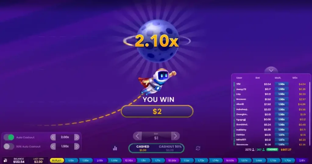 Spaceman crash game hitting 2.10x multiplier