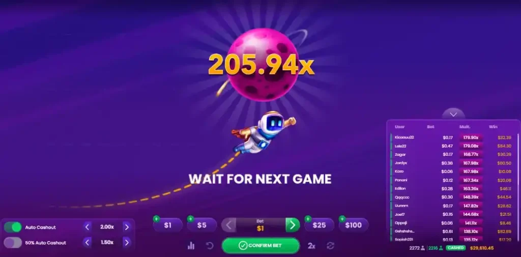 Spaceman game round climbing steadily past 205.94x