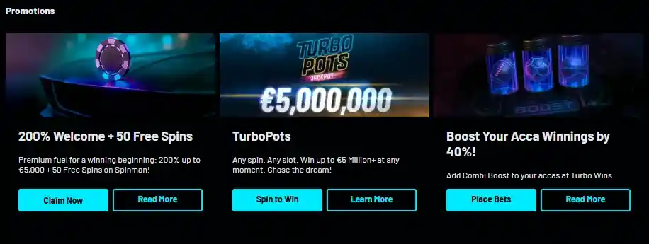 Turbo Wins Casino bonuses page with weekly cashback offers