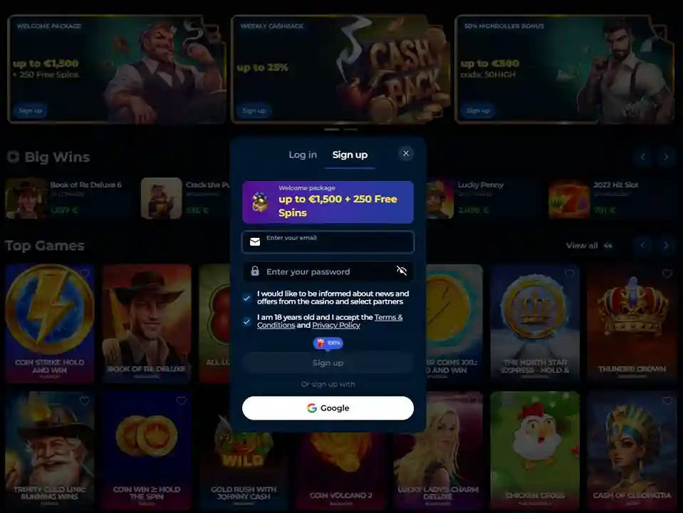 Piper Spin Casino registration popup showing welcome bonus and sign up form