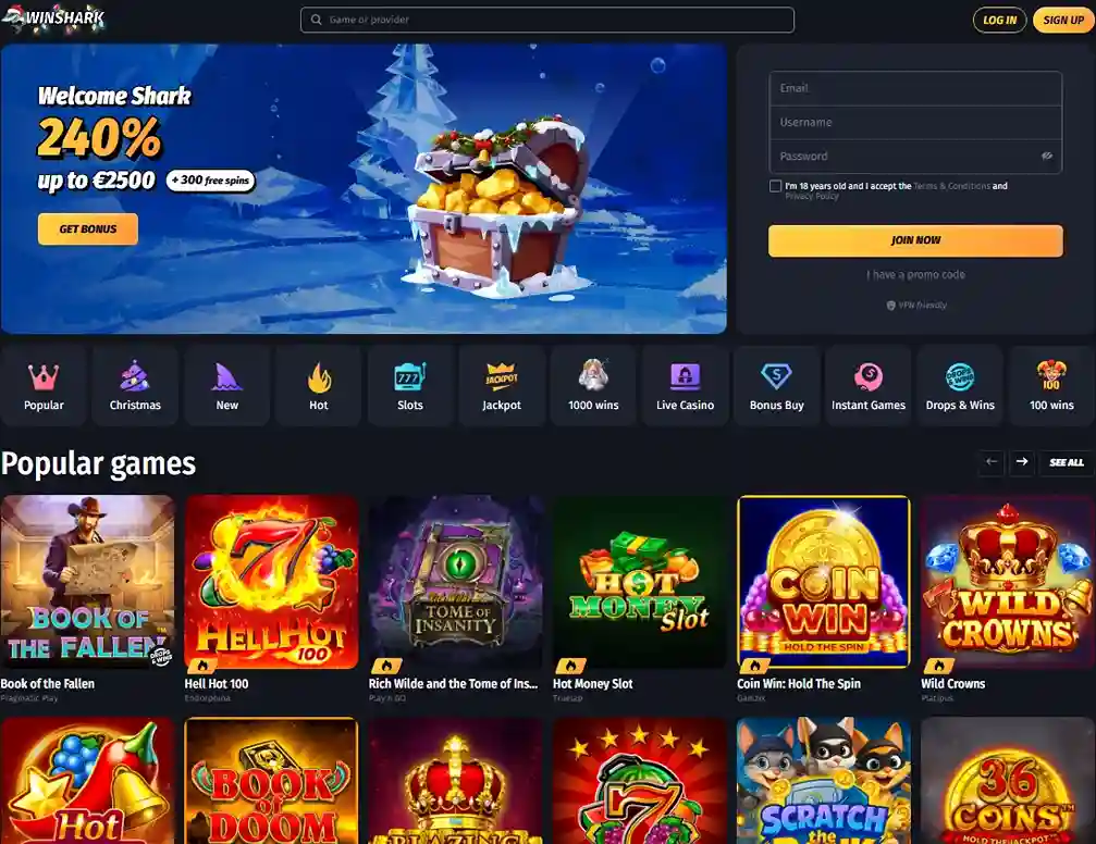 WinShark Casino homepage featuring welcome bonus banner and popular slot games