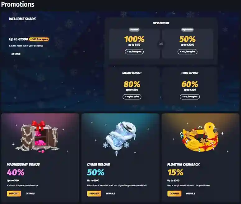 WinShark Casino promotions page displaying welcome bonuses and reload offers